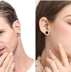 Detail of 8mm black magnetic stud earrings shown on male and female models
