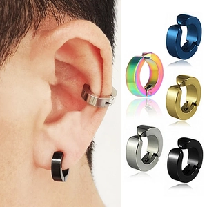 Minimalist stainless steel ear clip set for men in silver, black, gold, blue, and rainbow