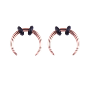 Detail of rose gold stainless steel crescent septum rings with black O-ring fasteners
