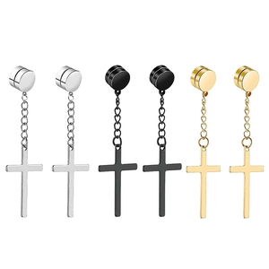 Three-pair set of magnetic cross drop earrings in silver, black and gold stainless steel