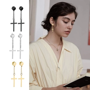 Magnetic cross dangle earrings in black, silver, and gold for non-pierced ears