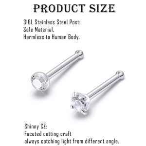 Piercings de nariz de acero inoxidable 316L con circonitas redondas y diseño de barra recta