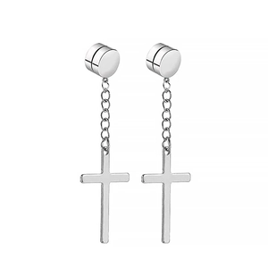Pendientes magnéticos plateados sin perforación con cruz y cadenas finas