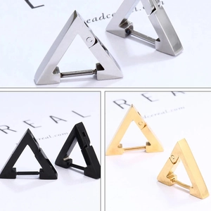 Triangle stainless steel hoop earrings in silver, black and gold minimalist geometric style