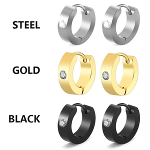Classic unisex stainless steel hoop earrings with clear zircon in steel, gold, and black