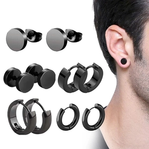 9-pair black stainless steel stud earrings set featuring cross, circle, and triangle designs