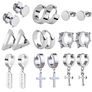 9-pair set of stainless steel earrings featuring cross, blade pendants and punk studs
