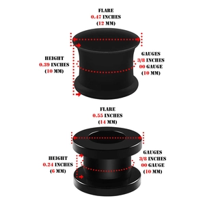 Black stainless steel and silicone ear gauges set with measurement specifications
