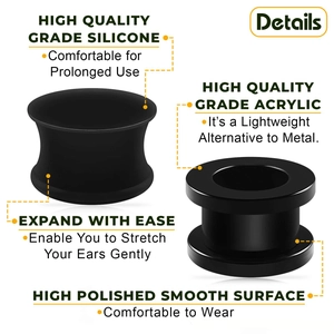 Detail showing smooth black silicone and acrylic double flare ear gauges with high polish