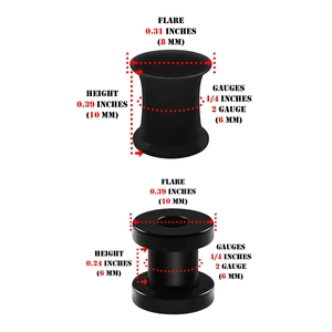 Detailed size guide for black stainless steel tunnel and plug ear gauges with measurements