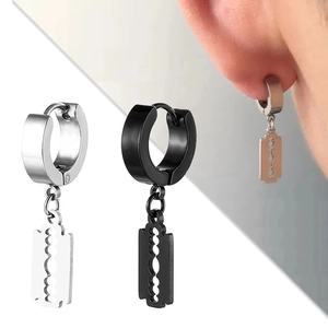 Stainless steel hoop earrings with razor blade pendant in silver and black metal