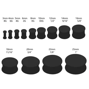 Size chart for black stainless steel ear tunnel plugs set from 3mm to 25mm in diameter