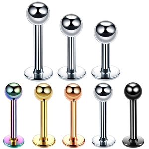 Detail view of 10-piece stainless steel labret studs in five colors and various lengths
