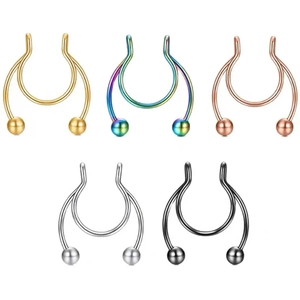 Set of 5 non-piercing stainless steel U-shaped magnetic nose rings in multi-color finishes