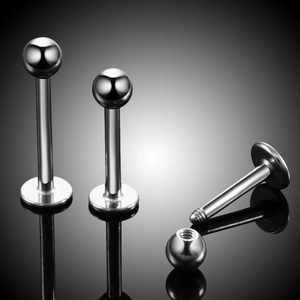 Polished stainless steel internally threaded lip labret rings set with ball tops