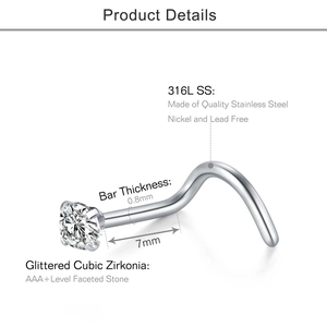 Professional 316L stainless steel L-shaped nose stud with AAA+ cubic zirconia detail