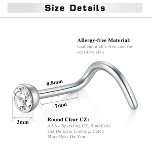 L-shaped stainless steel nose stud set with 3mm AAA+ cubic zirconia detail