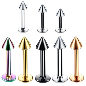 Set of stainless steel labret studs with cone spikes in five colors and three lengths