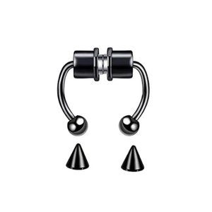 Close-up of black magnetic non-piercing horseshoe nose ring with interchangeable spike tips