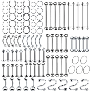 100pcs silver stainless steel body piercing set with rings, barbells, and studs