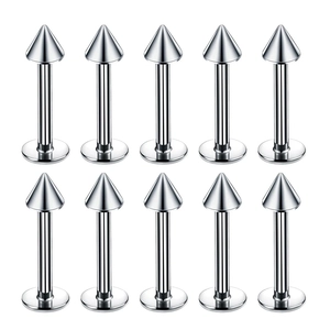 Detailed set of 10 silver stainless steel labret studs with spike tops for body piercing
