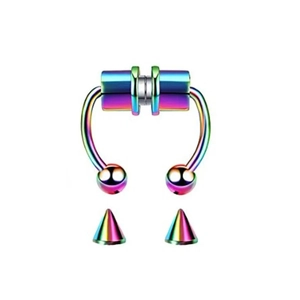 Macro detail of rainbow magnetic non-piercing septum ring with ball and cone ends