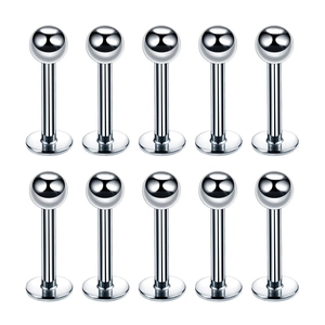 Set of 10 stainless steel labret studs with round balls and flat back for piercings