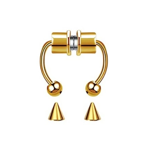 Detailed view of golden magnetic faux septum ring with interchangeable ball and spike ends