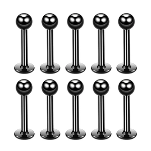 Detailed set of 10 black stainless steel labret studs with ball tops for body piercing