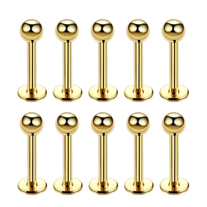 Detailed set of ten gold-toned stainless steel labret studs for lip and ear piercings