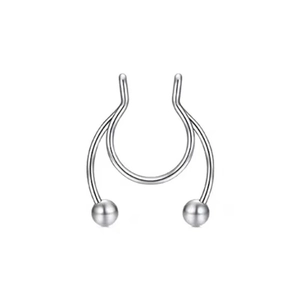 Macro detail of silver stainless steel U-shaped non-pierced magnetic nose ring with ball ends