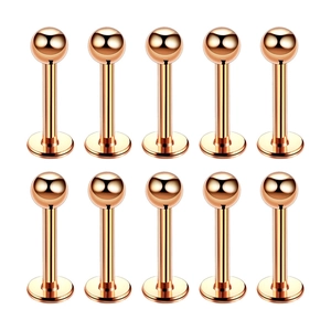 Set of 10 rose gold stainless steel lip studs with round ball tops and flat back base