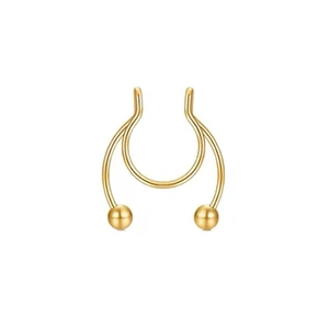 Detailed view of U-shaped gold non-piercing magnetic nose ring with dual metal beads