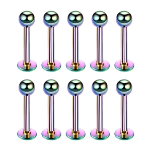 Set of 10 rainbow iridescent stainless steel lip studs with smooth ball tops and flat backs