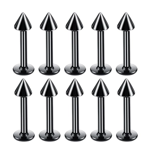 Set of 10 black surgical steel labret studs with cone spikes and flat back design