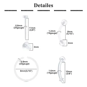 Size chart showing 20G to 14G acrylic body jewelry for lip eyebrow and nose piercing set