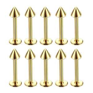 Set of 10 gold stainless steel piercing studs with conical tips and flat back design