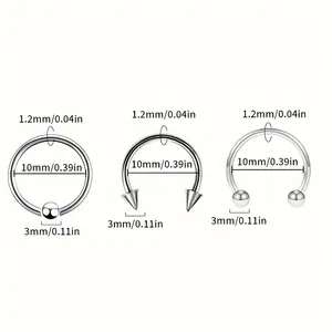 Set de 24 aros de nariz de acero inoxidable con tabla de medidas y dimensiones