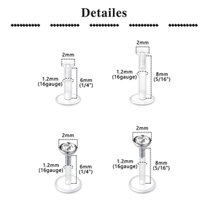 18pcs acrylic labret piercing set with 1.2mm stem and 2mm cubic zirconia studs