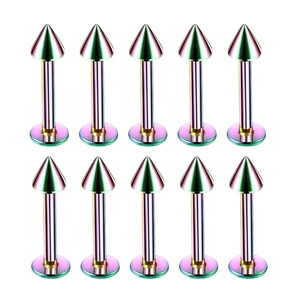 Detailed set of ten iridescent spiked stainless steel labret studs with flat backs