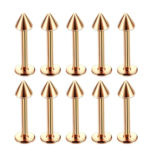 Set of 10 rose gold stainless steel lip studs with spike tops and flat back design