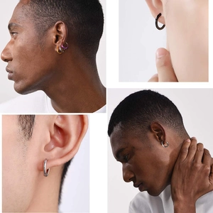 Set de boucles d'oreilles créoles en acier inoxydable poli pour hommes en noir et or