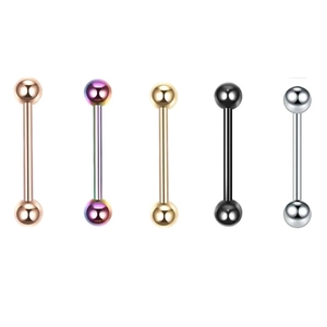 Detailliertes Set aus fünf Edelstahl-Barbell-Steckern in verschiedenen Metallic-Farben