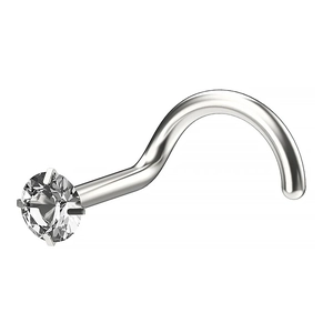 Detail of silver stainless steel L-shaped nose stud with 4-claw set clear zircon stone