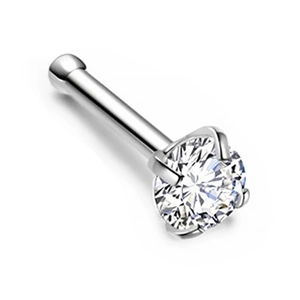 Macro detail of 4-prong set cubic zirconia nose stud in polished stainless steel