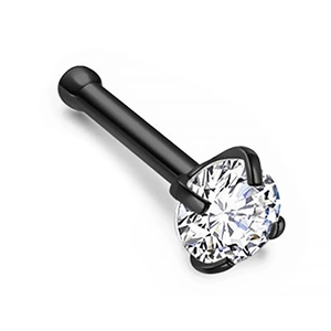 Detail of 4-prong set cubic zirconia nose stud with a black surgical steel straight bar