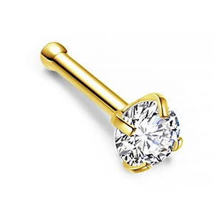Macro detail of 14K gold-plated nose stud featuring a 4-claw set clear cubic zirconia stone