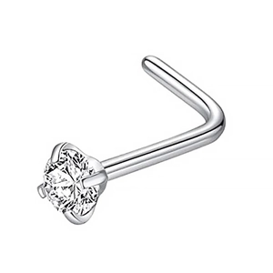 Macro shot of L-shaped stainless steel nose stud featuring a 4-claw set zircon gem