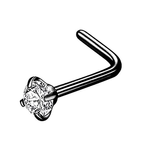 Detail of a black stainless steel L-shaped nose stud with 4-claw set clear zircon stone