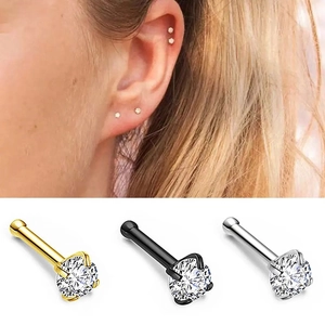 Stainless Steel Zircon Nose Stud For Men Women 4-Claw Round Crystal Piercing Jewelry L-Shape Straight Bone Nose Ring